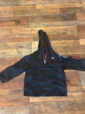 Tommy Hilfiger Black Hooded Pullover with Red & White Zip Trim